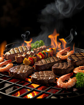bbq grill sizzling meat smoke background ai