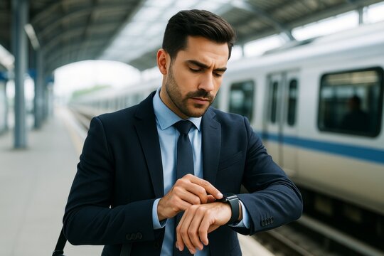 Businessman checking smartwatch while waiting for train at platform, under modern station roof with natural light in urban background. Ai generative - Powered by Adobe