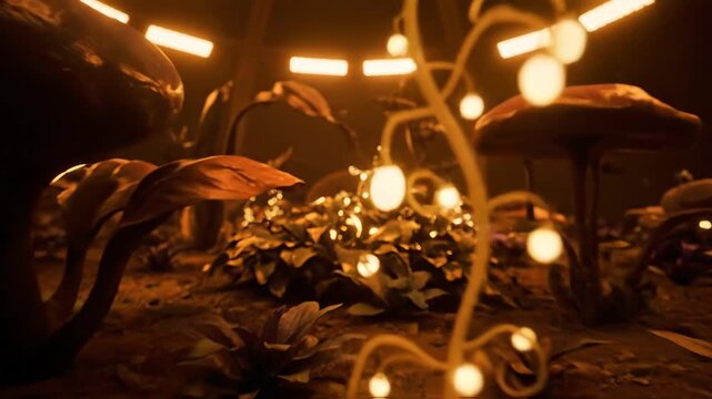 Artificial biosphere dome on Mars with glowing alien plants. Futuristic habitat interior featuring bioluminescent flora and mushrooms. Sci-fi space colonization environment animation.