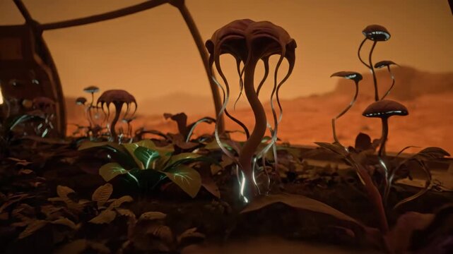 Artificial biosphere dome on Mars. Futuristic habitat with exotic alien plants growing inside transparent structure. Sci-fi colonization and terraforming concept animation.