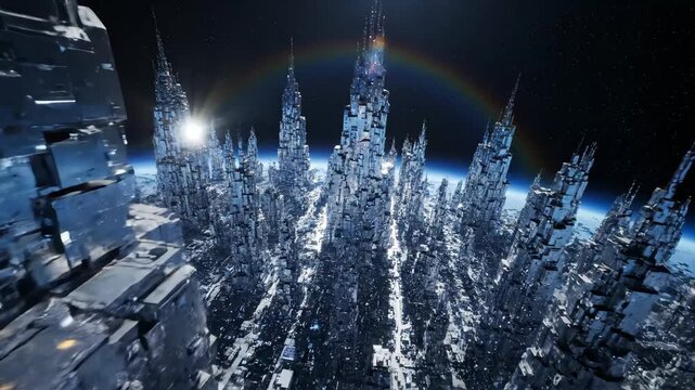 Futuristic artificial moon city reflecting sunlight. Crystalline spires and cosmic structures in space. Sci-fi landscape with glowing halo effect. Digital animation footage of extraterrestrial