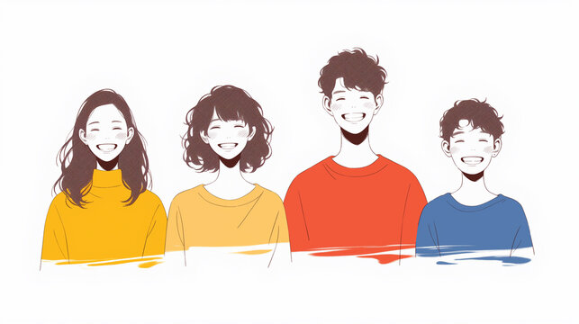 明るい笑顔で並ぶ四人の若者「生成AI」