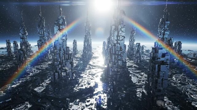 Futuristic artificial city on moon surface reflecting sunlight. Tall spires glow with rainbow auras under cosmic sun. Sci-fi space landscape animation showcasing innovative planetary architecture.
