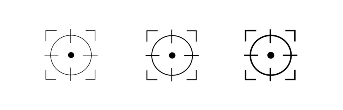 Set of three simple black and white crosshair icons featuring a central dot and corner brackets for target or focus indication	