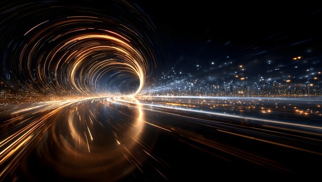 Abstract light trails create a glowing tunnel effect with a cityscape in the background at night representing speed and motion - Powered by Adobe