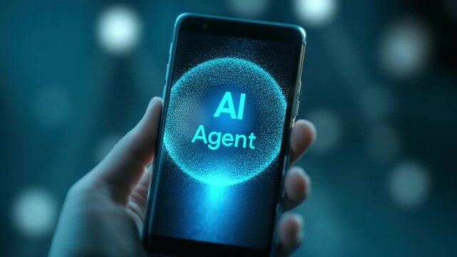 Hand Holding Smartphone Displaying AI Agent Logo on Screen in a Dark Technology Background 4k video footage