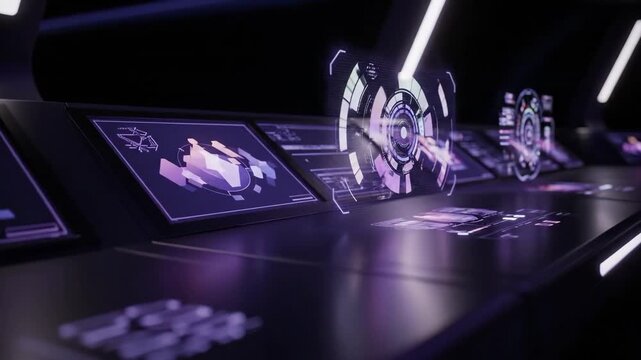Futuristic ai controlled ship bridge with glowing holographic interfaces. Digital screens displaying navigation data and activation sequence. Sci fi automation and virtual control system footage.