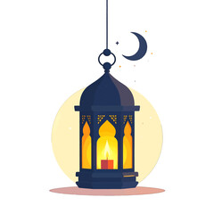 Pixelated Blue Lantern with Crescent Moon in White Background Illustration for Festive Decor and Religious Observance with Yellow Candle Flame
