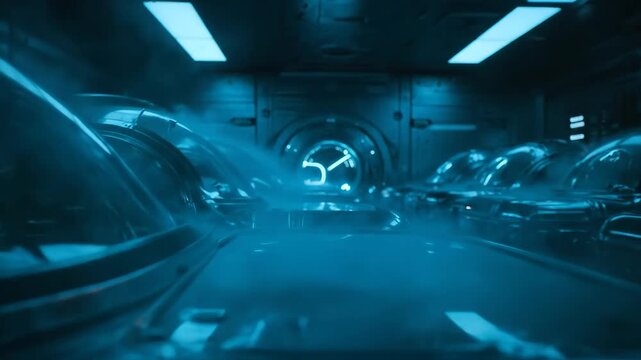 Cryogenic vault aboard colony ship with stasis pods activating. Futuristic space travel hibernation chambers releasing vapor in blue-lit interior. Sci-fi colonization technology concept footage.