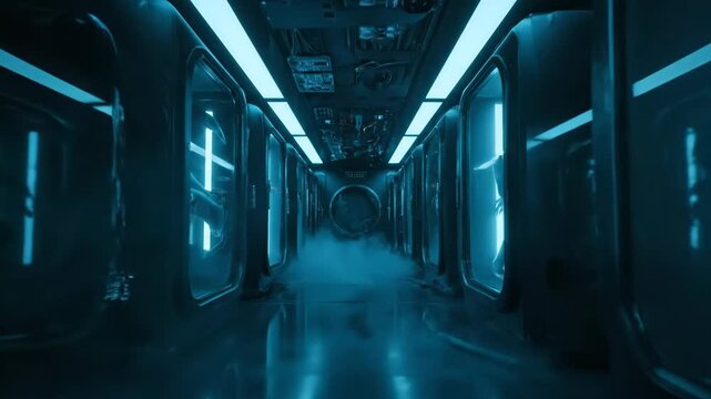 Cryogenic vault aboard colony ship. Futuristic blue-lit corridor with mist revealing hibernation chambers. Sci-fi space travel and human preservation concept footage.