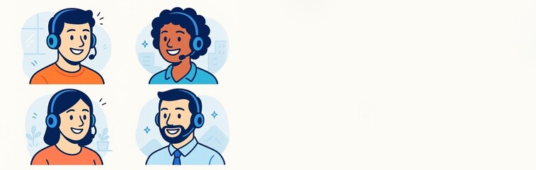 Cartoon customer support team portraits with headsets on light background and empty space for template or banner design concept. Ai generative