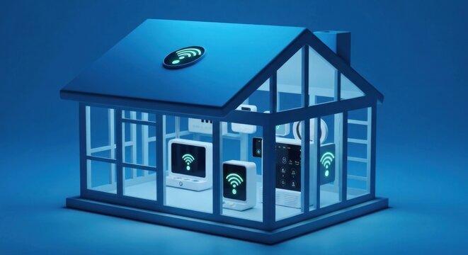 Blue minimalist house with wireless symbols on devices