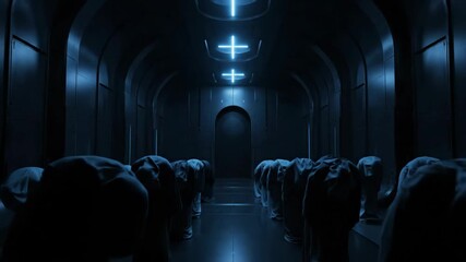 Robed monks process through dimly lit space monastery corridor toward glowing blue cross. Deep space religious order orbiting pulsar in sci-fi setting. Atmospheric footage of cosmic monastic life and - Powered by Adobe