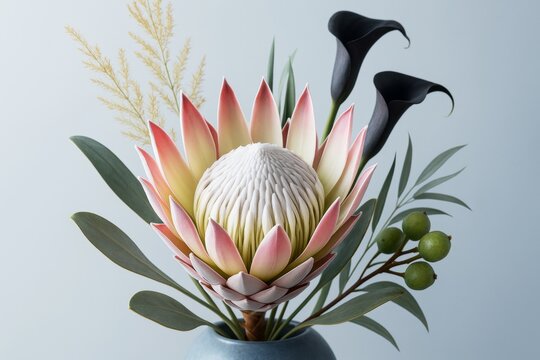 Close-up of elegant protea and calla lily floral arrangement with leaves and berries in soft light against minimal abstract background. Ai generative. Ai generative