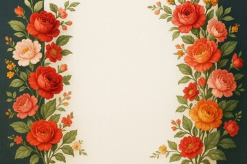 Elegant floral border with red and pink roses on cream background, ideal for poster, banner, or greeting card mockup with copyspace. Ai generative