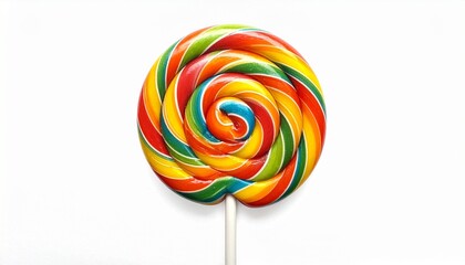 Colorful swirled lollipop with red, yellow, orange, green, and blue spiral pattern on white stick against plain white background