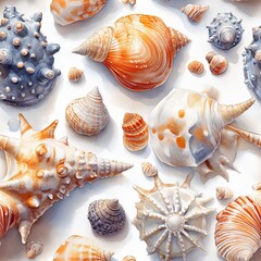 Seamless pattern of various sea shells in natural tones for marine-themed designs.