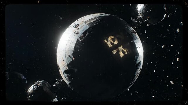 Derelict satellite drifting through space debris field. Retro orbital junk documentary concept with 16mm film grain effect footage.