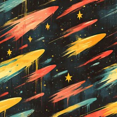 Seamless pattern of shooting stars and comets in vintage tones, creating a dynamic cosmic background.