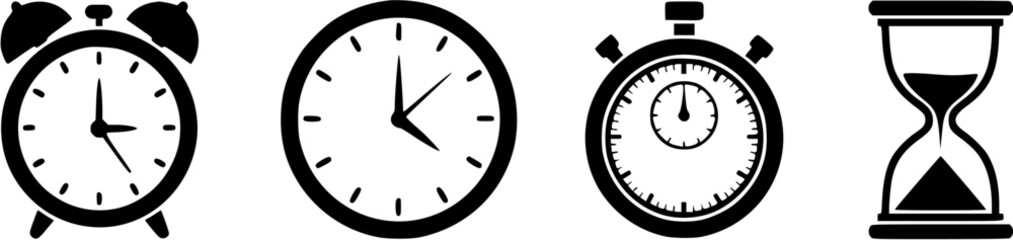 Clock and time icon set featuring alarm clock, watch, stopwatch and hourglass in simple black outline style.