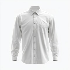 Crisp, white, long-sleeved button-down dress shirt; collared, single pocket, standard fit