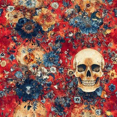 Seamless pattern with skulls, roses, and blue flowers, perfect for gothic or vintage fashion designs.
