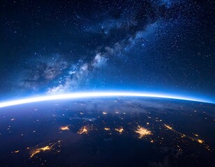View of Earth from space, showing atmosphere and the Milky Way. Lit cities on the planet's surface
