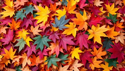 A vibrant collection of fallen maple leaves in autumn colors, creating a dense and colorful carpet on the ground.