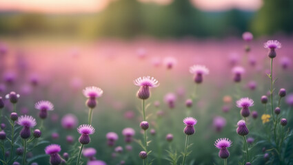 Purple thistle wildflowers bloom in a soft, sunlit and blurry meadow.