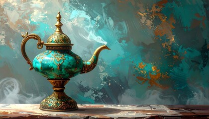 Decorative turquoise and gold teapot against textured teal and gold background