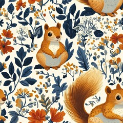Seamless pattern of squirrels among leaves and berries, perfect for autumn or forest-inspired designs.
