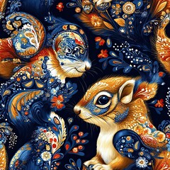Seamless pattern of cute squirrel in paisley-style floral design, ideal for woodland or fairytale themes.