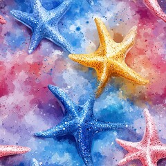 Seamless pattern of colorful starfish on watercolor background, perfect for summer and marine-themed designs.
