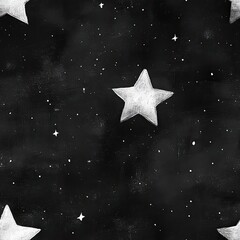 Seamless pattern of soft white stars scattered on dark sky, ideal for celestial or fantasy-themed projects.