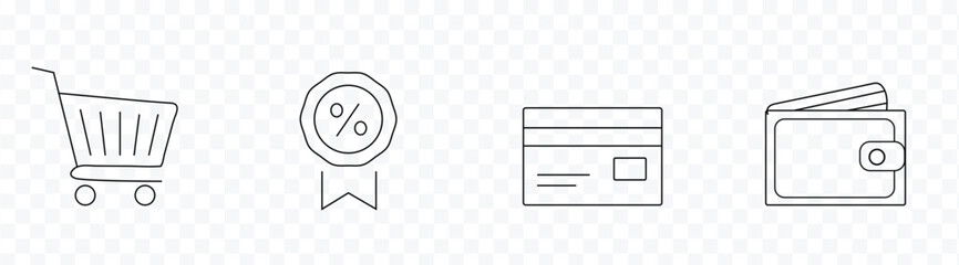 Simple hand drawn icons representing shopping cart award wallet and package on transparent background © smvect
