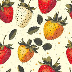 Seamless pattern of hand-drawn strawberries in warm vintage tones, perfect for retro kitchen or food designs.