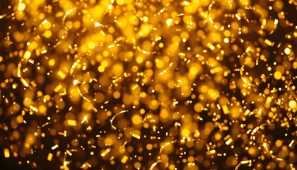 A dazzling display of golden bokeh lights and swirling ribbons creates a festive and celebratory abstract background.