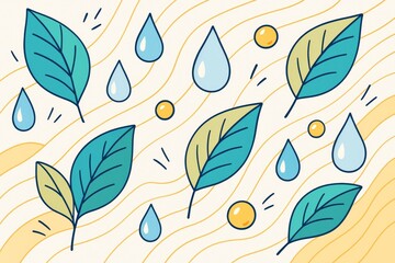 Abstract background with green leaves, water drops, and yellow dots in a light style on a flowing line pattern emphasizing freshness and nature.. Ai generative