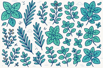 Assorted green herb plants with bold outlines on a white background with abstract sky elements in a light, playful style. Ai generative. Ai generative