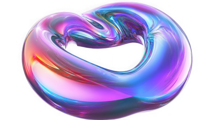 Iridescent torus shape with a swirling surface texture against a black background design element on transparent background