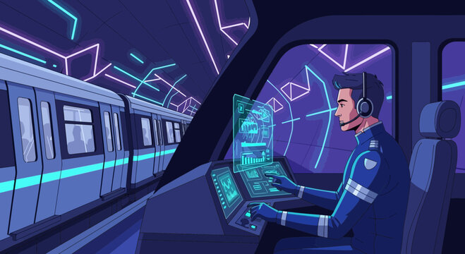 Futuristic subterranean transit operation with advanced technology interface