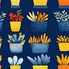 Seamless pattern of potted cacti on navy background, ideal for tropical and home decor designs.