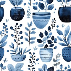 Seamless pattern of blue watercolor potted plants, perfect for elegant botanical and home decor art.