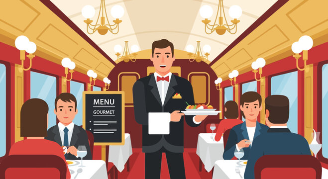 Elegant fine dining experience on a moving train, charming setting for special occasions