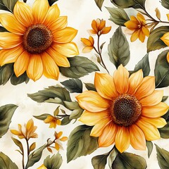 Seamless pattern of golden sunflowers and leaves on cream background, ideal for timeless floral decor.
