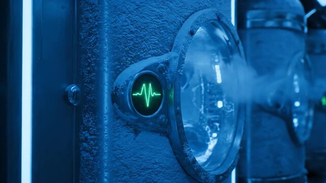 Cryogenic pods lining spaceship bay with activating mist and vital monitors. Futuristic interior of exploration vessel for space travel. Sci-fi sleep chambers in deep space footage.