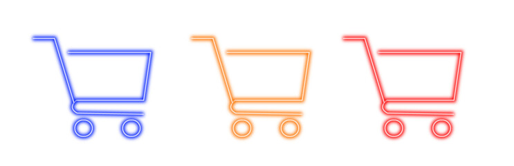 A set of three vibrant neon shopping cart icons in blue, orange, and red glowing against a clean white background, perfect for e-commerce and retail themes. © Moynul Haque