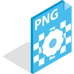 Isometric 3d blue file icon with white settings gear symbol on transparent background with dark shadow