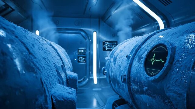 Inside cryogenic bay of exploration ship. Futuristic hibernation pods with blue mist and frost. Sci-fi deep space technology for suspended animation, advanced sleep chambers footage.