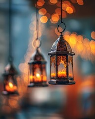 Obraz premium Decorative lanterns hanging against a blurred bokeh background, symbolizing festivity and warmth.